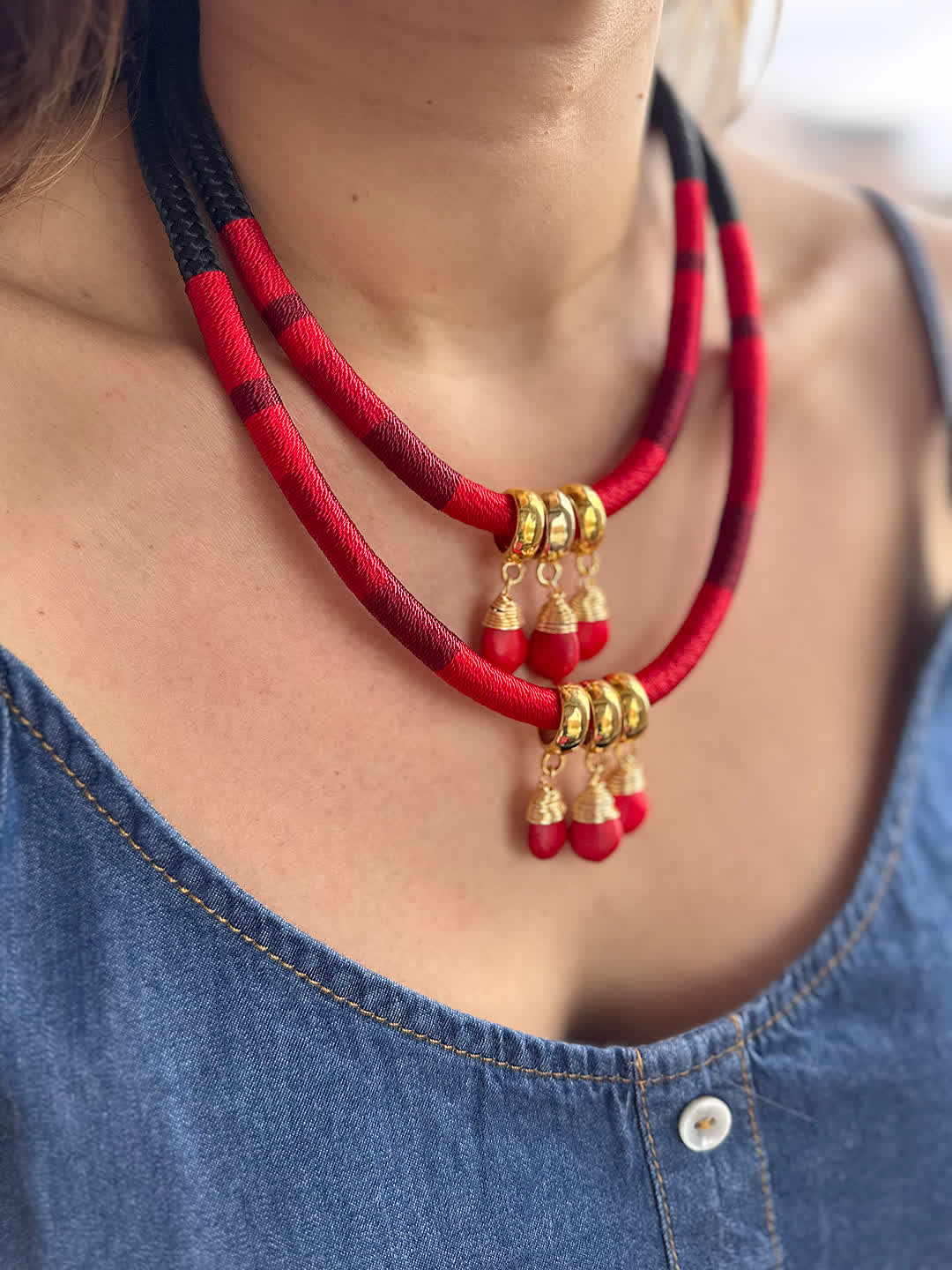 Collar Amazonia Doble Piedras Rojos - Sara´s accesorios