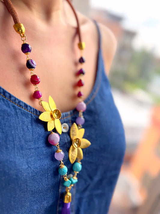 Collar Caño Cristales morado celeste - Sara´s accesorios