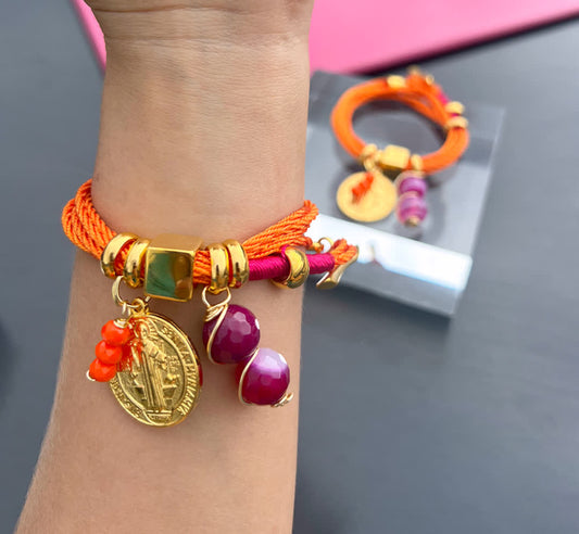 Pulsera Amuleto naranja fucsia - Sara´s accesorios