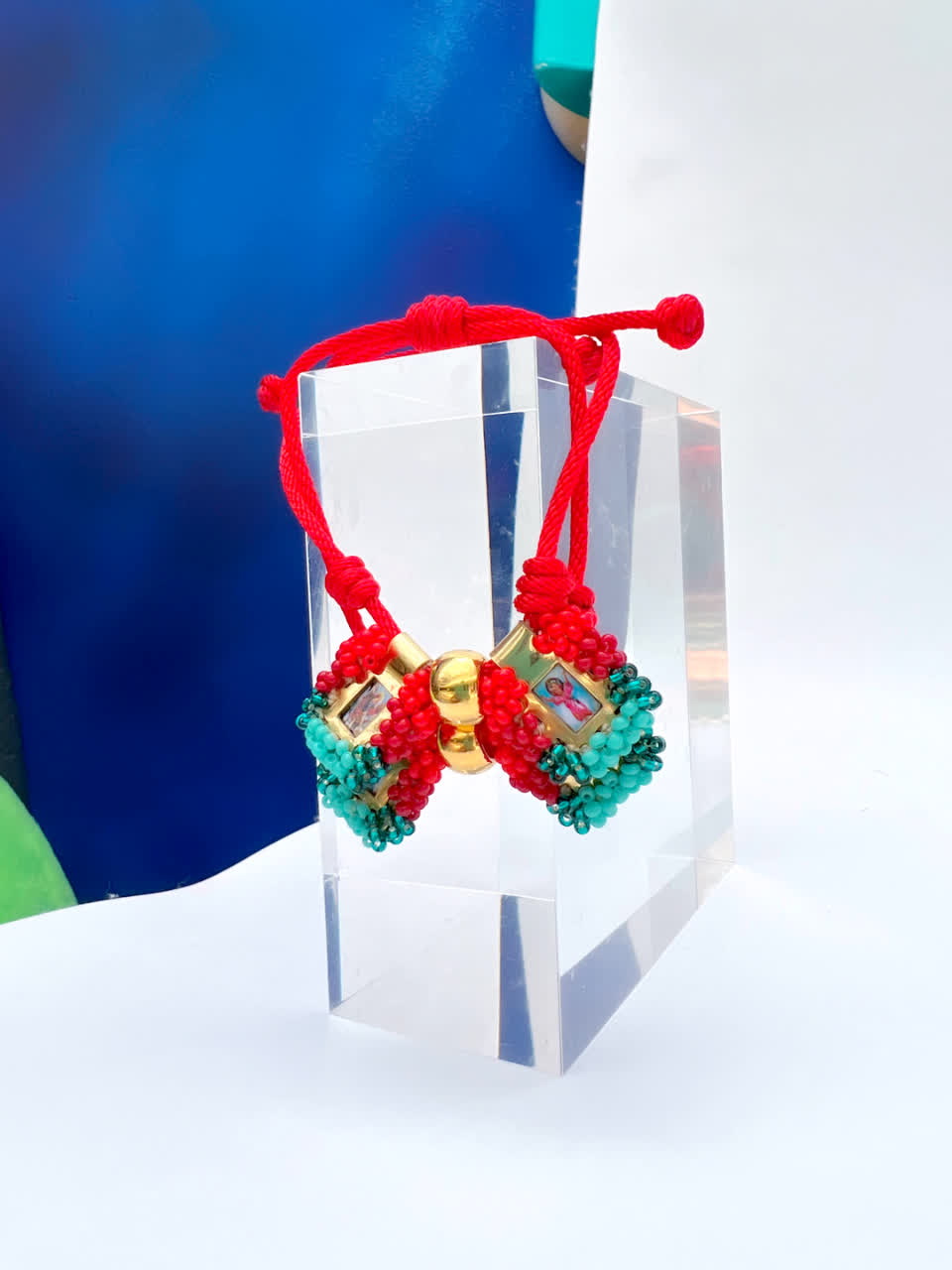 Pulsera Cordon Escapulario Glam Mini Rojo Turguesa