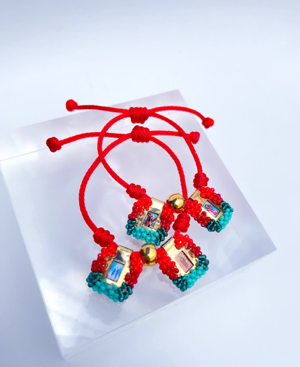 Pulsera Cordon Escapulario Glam Mini Rojo Turguesa
