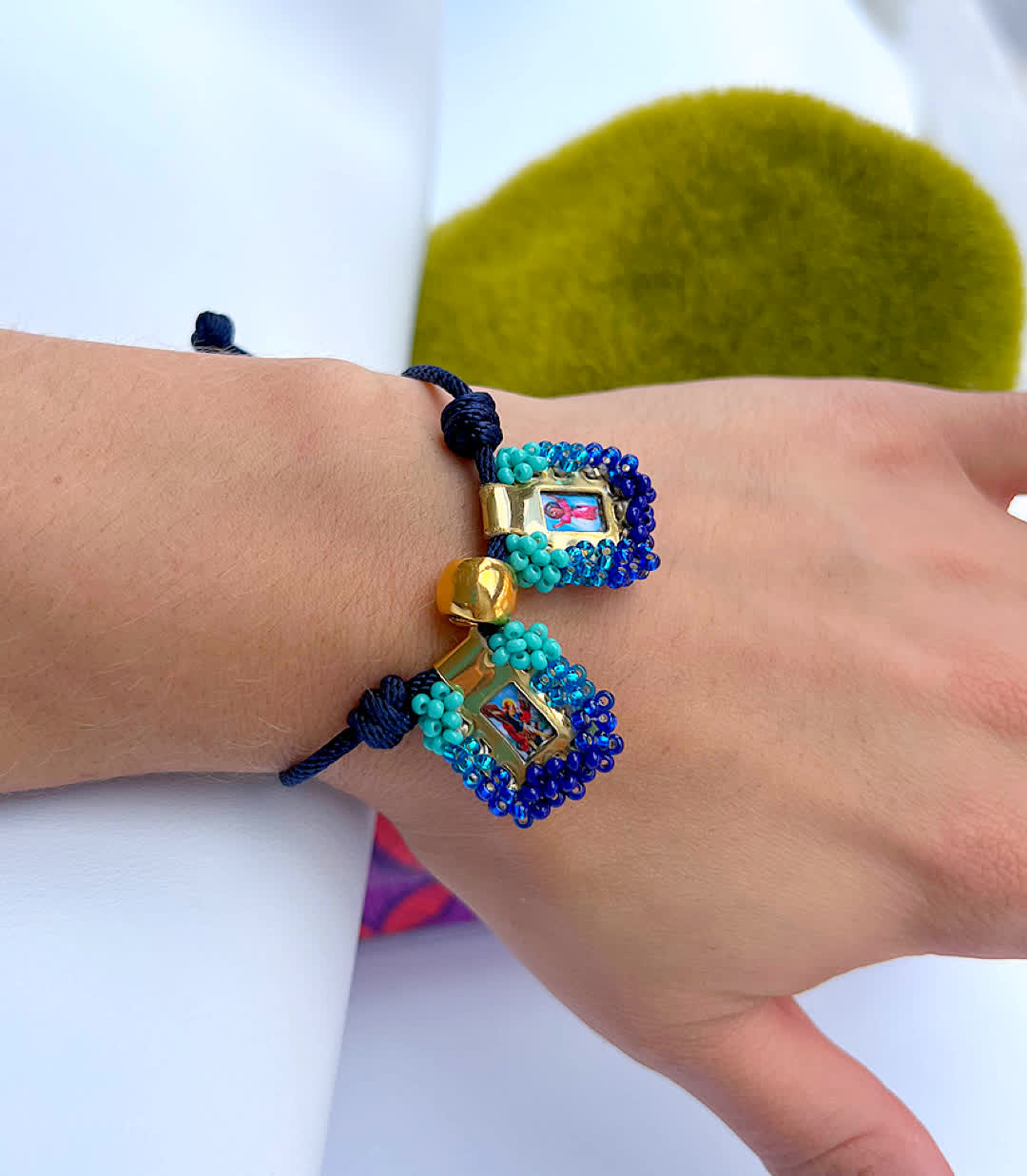 Pulsera Cordon Escapulario Glam Mini Azul Turquesa