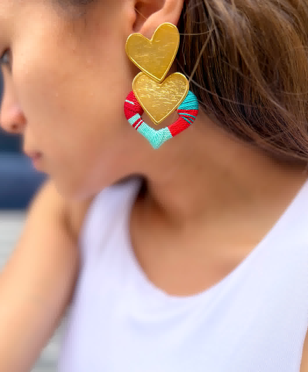 Aretes Caribe Cascada Corazon Rojo turquesa