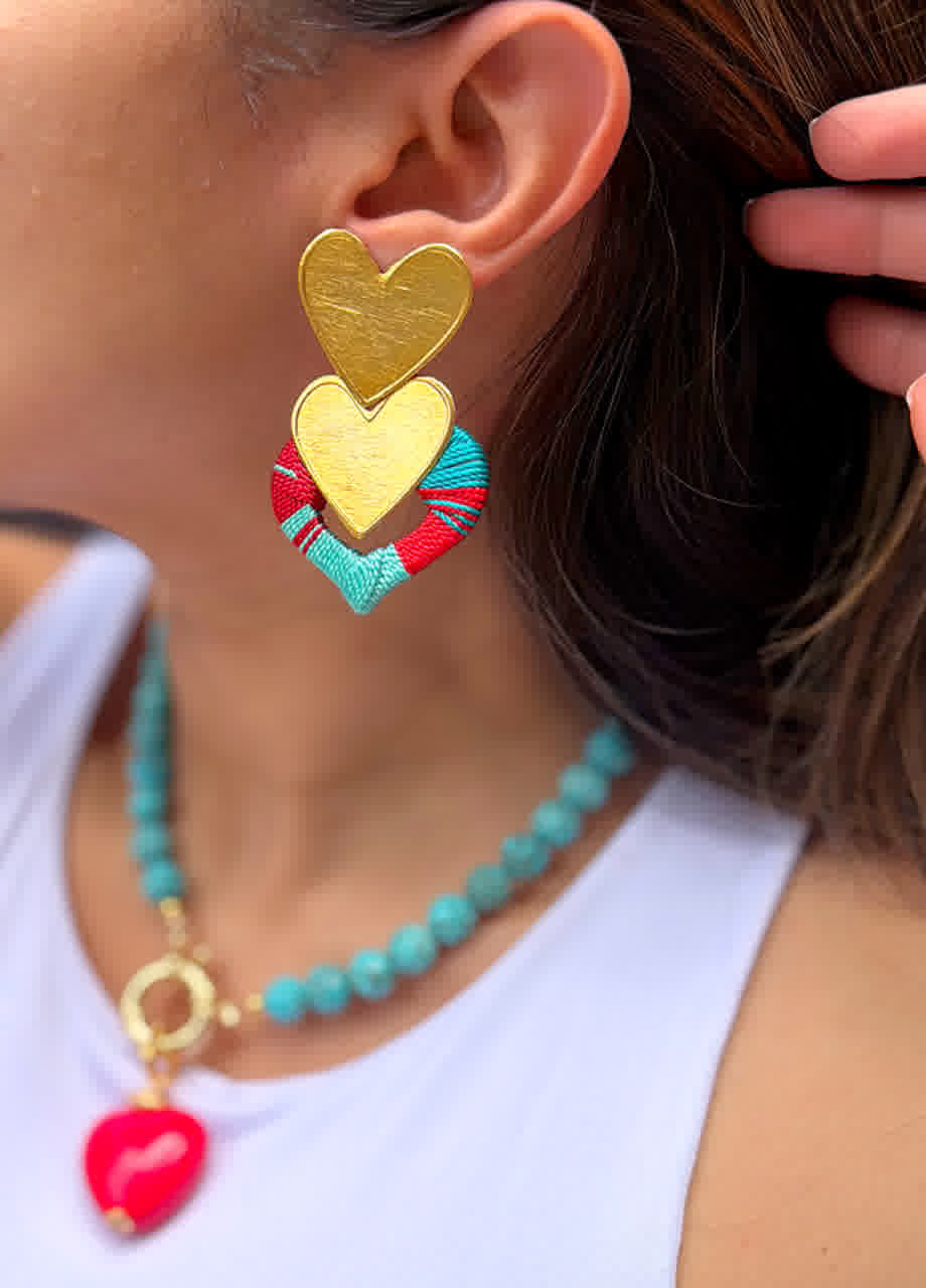 Aretes Caribe Cascada Corazon Rojo turquesa