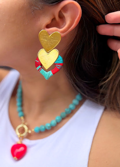 Aretes Caribe Cascada Corazon Rojo turquesa