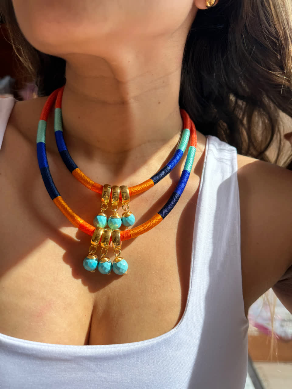 Collar Amazonia Doble Piedras Naranja Azules