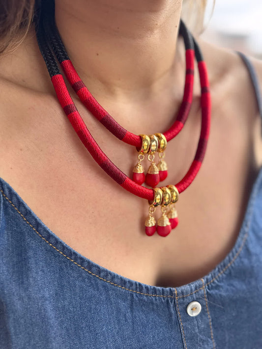 Collar Amazonia Doble Piedras Rojos - Sara´s accesorios
