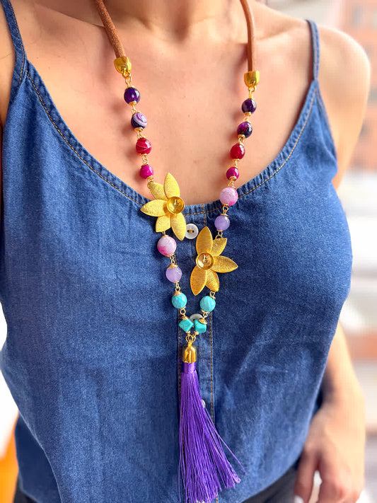 Collar Caño Cristales morado celeste - Sara´s accesorios