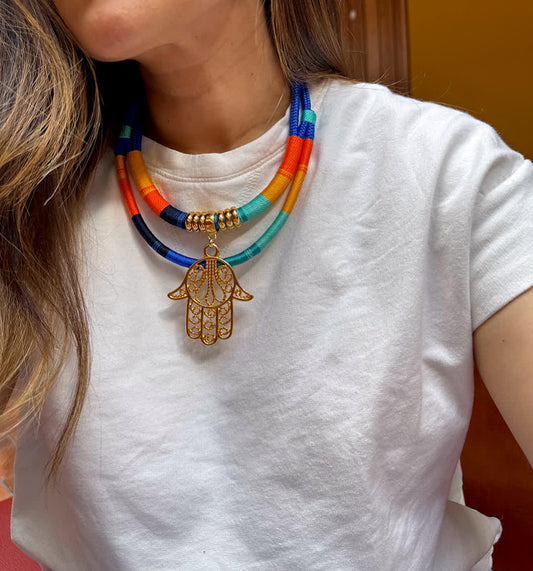 Collar Blue Lagartija Naranja  Azules - Sara´s accesorios