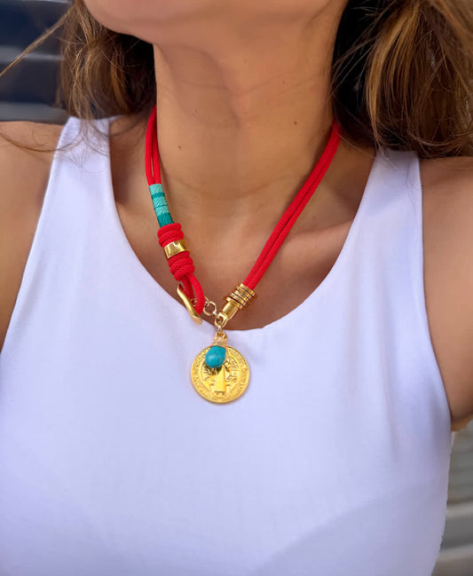 Collar Madu rojo turquesa dije de san benito
