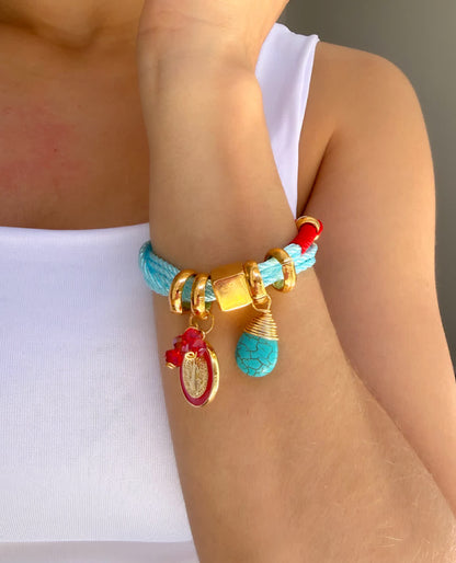 Pulsera Amuleto celeste rojo dije de san benito borde rojo