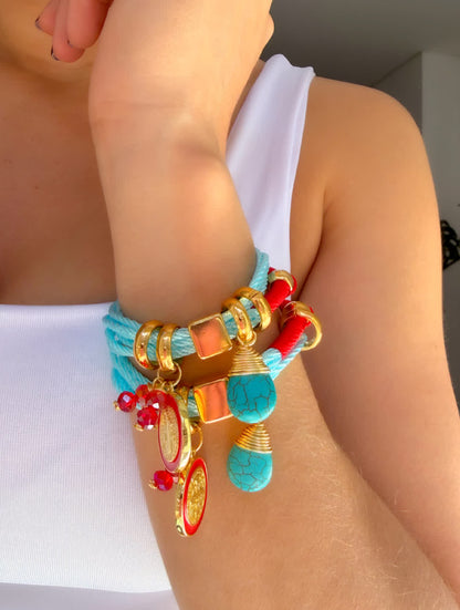 Pulsera Amuleto celeste rojo dije de san benito borde rojo
