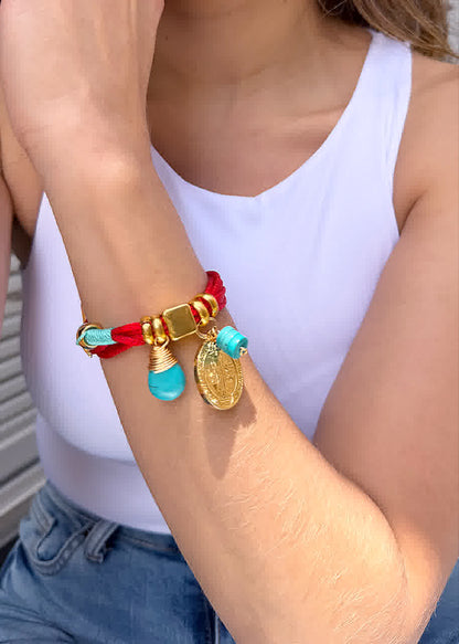 Pulsera Amuleto rojo turquesa dije de san benito