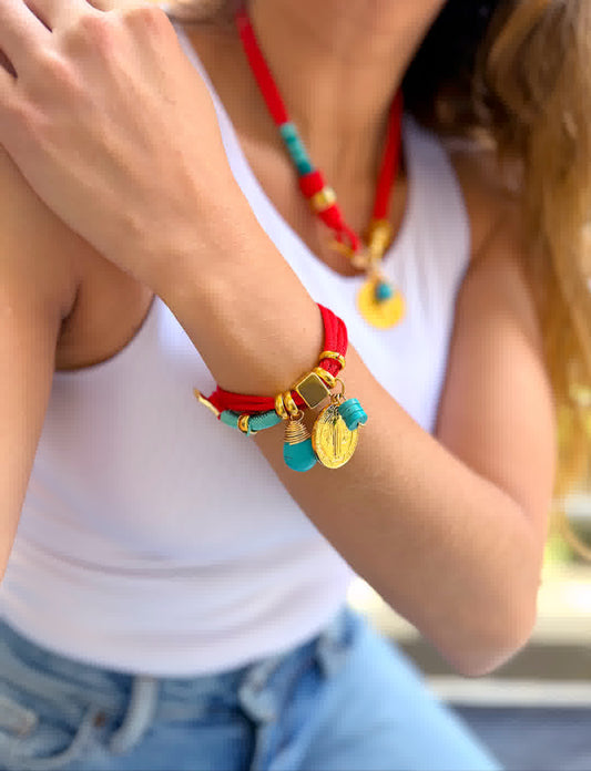 Pulsera Amuleto rojo turquesa dije de san benito