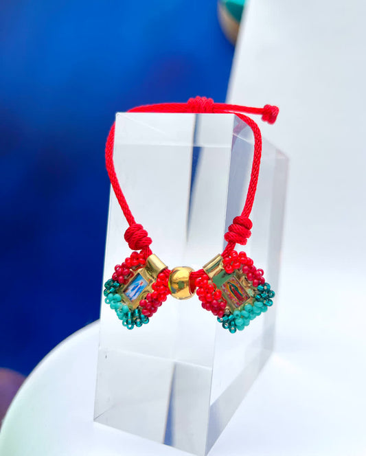 Pulsera Cordon Escapulario Glam Mini Rojo Turguesa