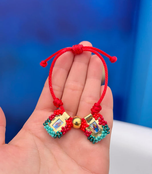 Pulsera Cordon Escapulario Glam Mini Rojo Turguesa