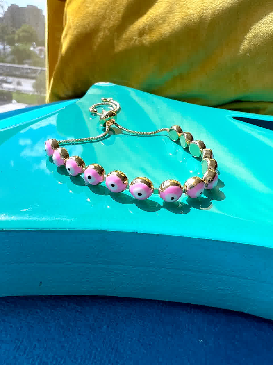 Pulsera Dorada Ojo Turco Rosa