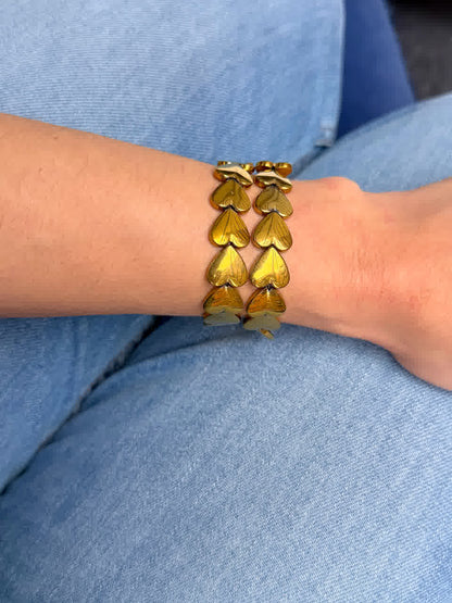 Pulsera Corazones Hematita Dorada